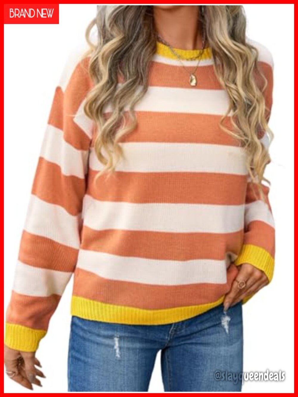 Crewneck Long Sleeve Striped Pullover Sweater Lightweight Knit Women's Regular